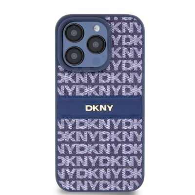 Mėlynas dėklas telefonui Apple Iphone 15 Pro Max DKNY PU leather su raštu ir juostele
