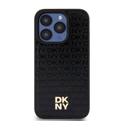 Juodas dėklas telefonui Apple Iphone 13 Pro su DKNY logotipo reljefiniu raštu ir auksiniu užrašu