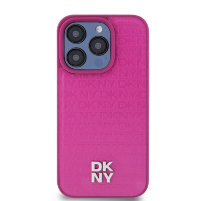 Rožinis dėklas telefonui Apple Iphone 15 Pro Max DKNY PU Leather su reljefiniu logotipu