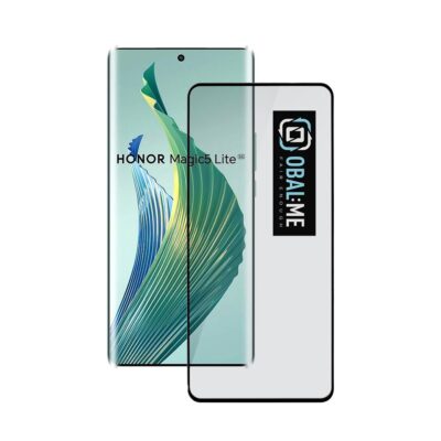 Juodas apsauginis ekrano stikliukas Honor Magic 5 Lite su juodu rėmeliu ir logotipu OBAL:ME