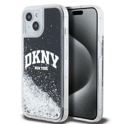 Juodas blizgantis dėklas telefonui Apple Iphone 14 su DKNY Liquid Glitter Arch Logo