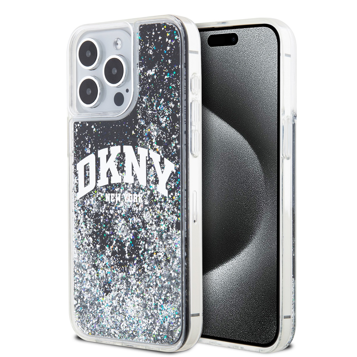 Juodas blizgantis dėklas telefonui Apple Iphone 14 Pro DKNY Liquid Glitter Arch Logo Juodas blizgantis dėklas telefonui Apple Iphone 14 Pro su DKNY arch logotipu