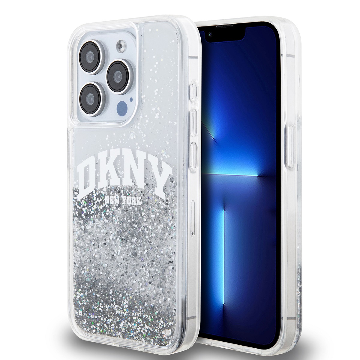 Skaidrus blizgantis deklas Apple Iphone 15 Pro DKNY Skaidrus blizgantis deklas telefonui Apple Iphone 15 Pro su DKNY Liquid Glitter Arch Logo