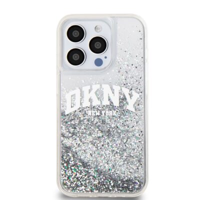 Skaidrus blizgantis deklas telefonui Apple Iphone 15 Pro DKNY Liquid Glitter Arch Logo su sidabrinio blizgesio efektu