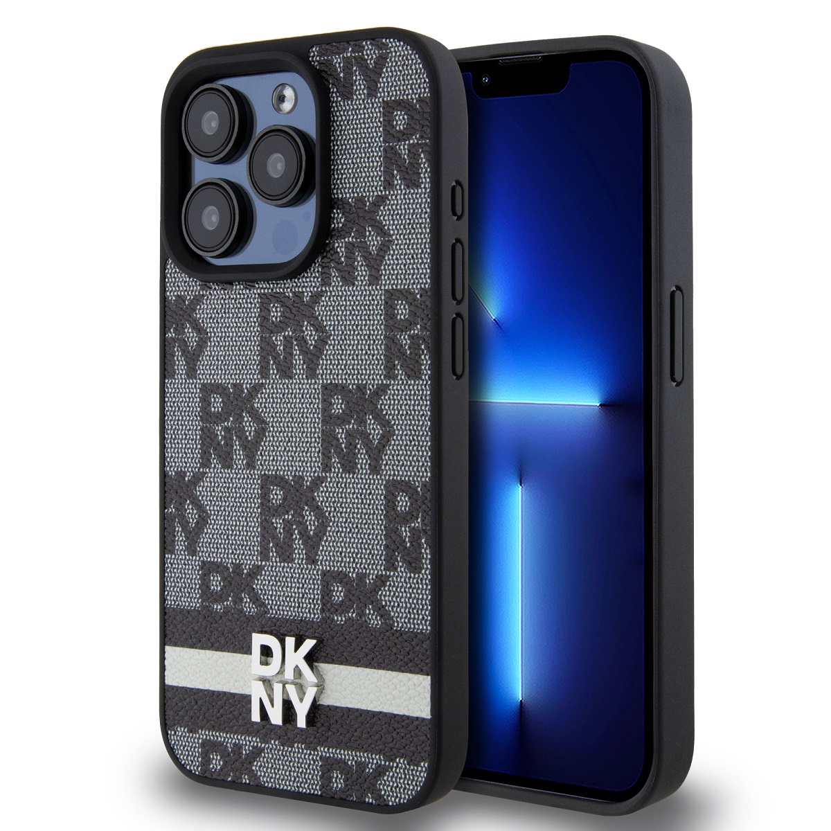 Juodas dėklas telefonui Apple Iphone 13 Pro DKNY Juodas dėklas telefonui Apple Iphone 13 Pro su DKNY raštais ir baltu dryžu