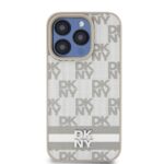 Beige dėklas telefonui Apple Iphone 15 Pro Max su DKNY logotipu ir dryžuota tekstūra