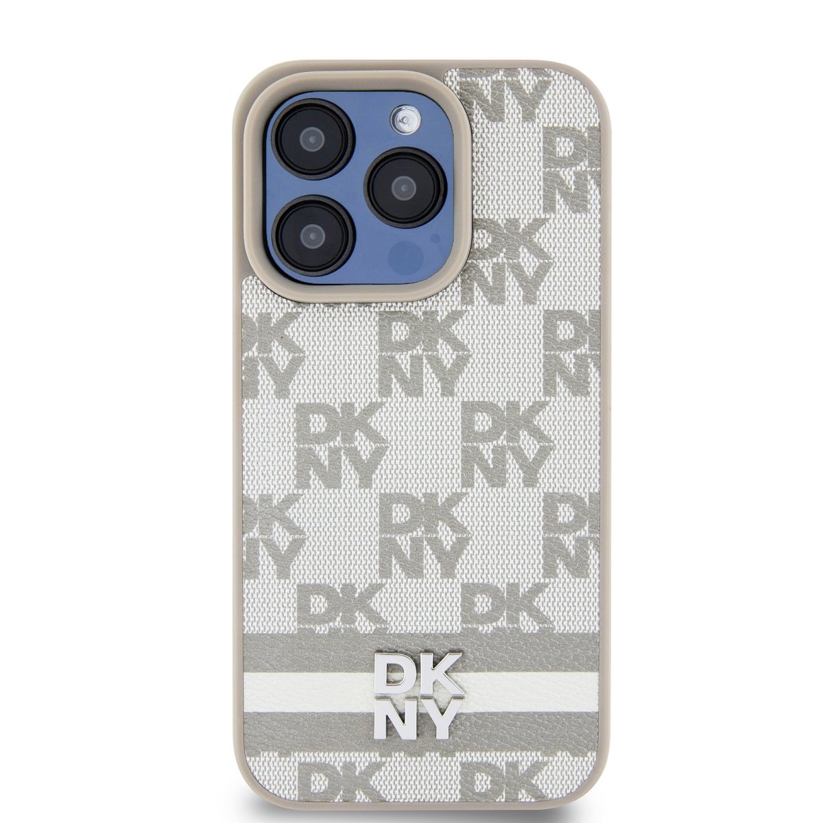 Beige dėklas telefonui Apple Iphone 15 Pro Max DKNY PU Leather Beige dėklas telefonui Apple Iphone 15 Pro Max su DKNY logotipu ir dryžuota tekstūra