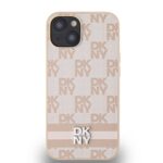 Rausvas dėklas telefonui Apple Iphone 13 su DKNY logotipu ir languotu raštu
