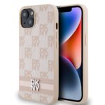 Rausvas dėklas telefonui Apple Iphone 14 DKNY PU Leather Checkered Pattern and Stripe su languotu raštu ir logotipu