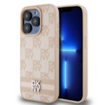 Rausvas dėklas telefonui Apple Iphone 15 Pro Max su DKNY logotipais ir dryžiuota tekstūra