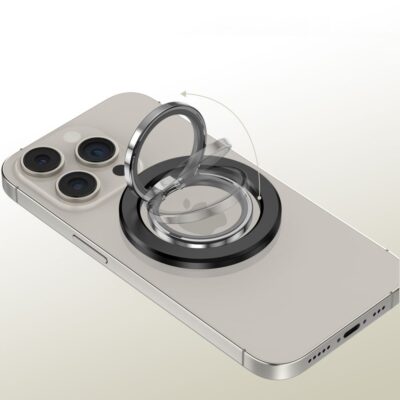Juodas magnetis žiedas TECH-PROTECT MMR300 MAGSAFE PHONE RING pritvirtintas ant telefono nugarėlės
