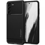 Juodas matinis dėklas Samsung Galaxy S21 FE Spigen Rugged Armor su tekstūruotu viršumi ir apačia
