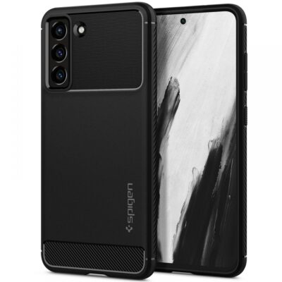 Juodas matinis dėklas Samsung Galaxy S21 FE Spigen Rugged Armor su tekstūruotu viršumi ir apačia