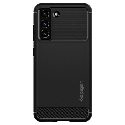 Juodas matinis dėklas Samsung Galaxy S21 FE Spigen Rugged Armor su raštuota kamera ir dugno dalimis