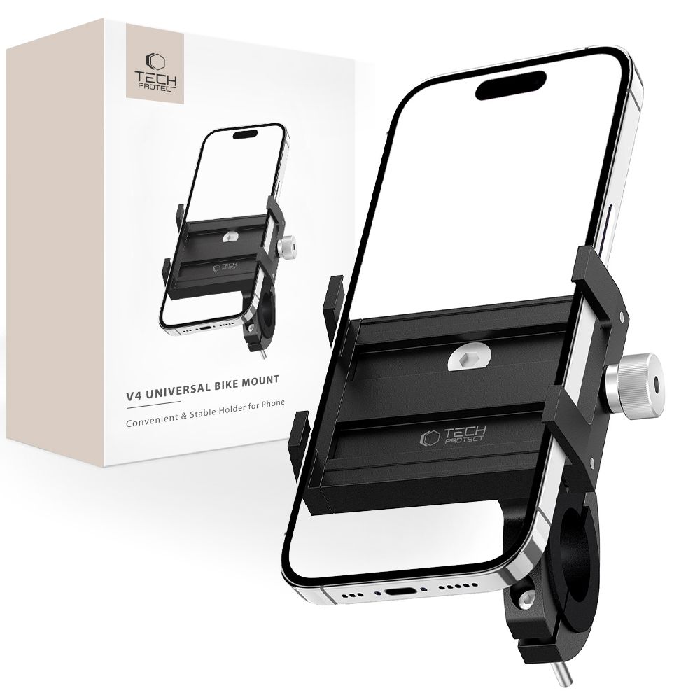 Juodas telefono laikiklis TECH-PROTECT V4 UNIVERSAL BIKE MOUNT Juodas telefono laikiklis TECH-PROTECT V4 UNIVERSAL BIKE MOUNT pritvirtintas prie dviračio su išmaniuoju telefonu