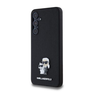 Juodas originalus dėklas Karl Lagerfeld PU Saffiano Metal Karl and Choupette Samsung Galaxy A55 5G telefonui