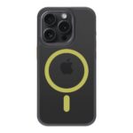 Juodas-geltonas dėklas Apple Iphone 15 Pro Tactical MagForce Hyperstealth 2.0mm su geltonu apskritimu ir stačiakampiu žymėjimu juodoje nugarėlėje