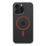 Juodas-raudonas dėklas Apple Iphone 15 Pro Max su iškiliais kraštais ir raudonu apskritimu