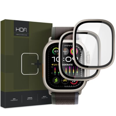 Titano spalvos apsauginis ekrano stikliukas Apple Watch Ultra 1 2 49 mm Hofi Glass Ring 2-Pack prie laikrodzio ir juoda ir silva ekrano danga
