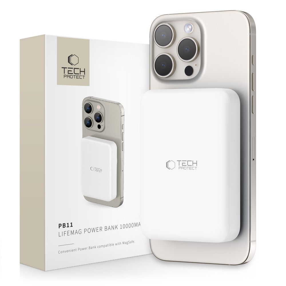 Balta išorinė baterija TECH-PROTECT PB11 LIFEMAG Balta išorinė baterija TECH-PROTECT PB11 LIFEMAG MAGSAFE POWER BANK 10000MAH pritvirtinta prie aukso spalvos telefono