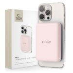 Rožinė išorinė baterija TECH-PROTECT PB11 LIFEMAG MAGSAFE POWER BANK 10000MAH ant sidabrinio telefono