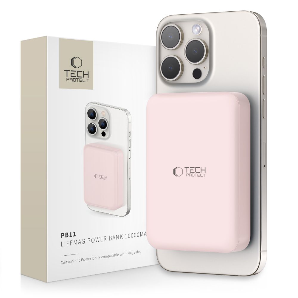 Rožinė išorinė baterija TECH-PROTECT PB11 LIFEMAG MAGSAFE POWER BANK 10000MAH Rožinė išorinė baterija TECH-PROTECT PB11 LIFEMAG MAGSAFE POWER BANK 10000MAH ant sidabrinio telefono