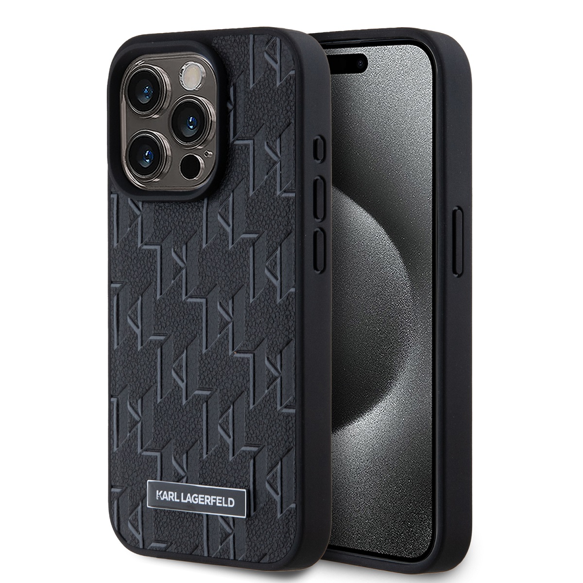 Juodas dėklas Karl Lagerfeld PU Leather Monogram Metal Logo Juodas dėklas Karl Lagerfeld PU Leather su monograma ir metaliniu logotipu Apple iPhone 15 Pro telefonui