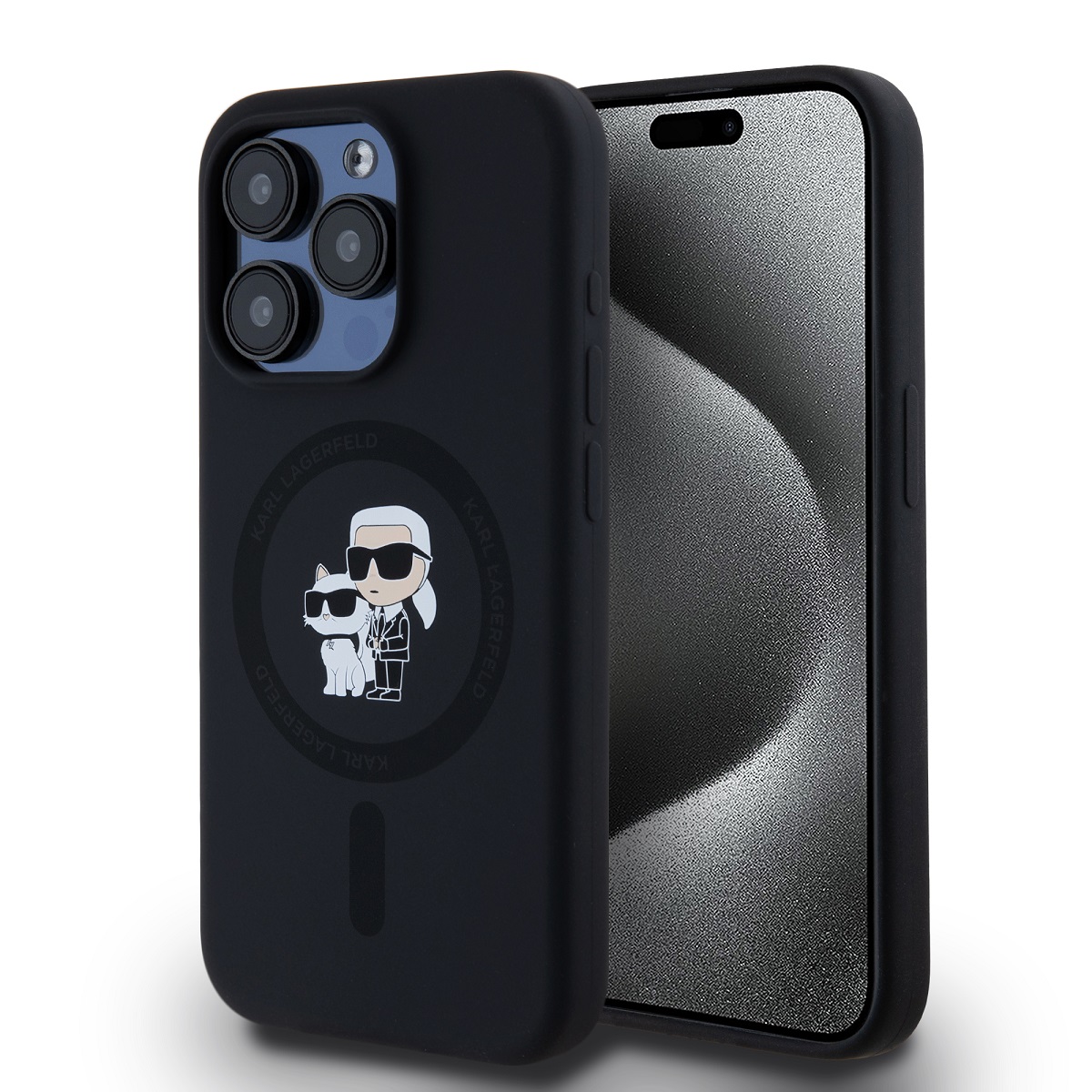 Juodas Karl Lagerfeld Liquid Silicone telefonui iPhone 15 Pro Juodas Karl Lagerfeld Liquid Silicone Karl and Choupette MagSafe telefonui Apple iPhone 15 Pro korpusas su logo