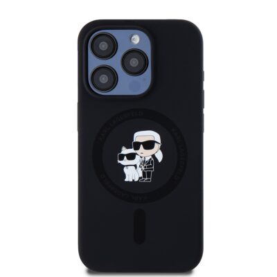 Juodas Karl Lagerfeld Liquid Silicone Karl and Choupette MagSafe dėklas iPhone 15 Pro telefonui su iliustracija