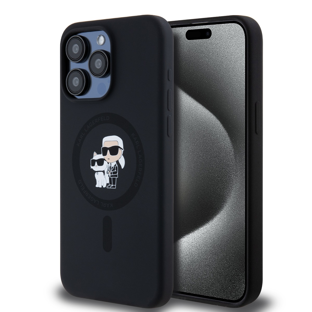 Juodas dėklas Karl Lagerfeld Liquid Silicone Karl and Choupette Juodas dėklas Karl Lagerfeld Liquid Silicone Karl and Choupette MagSafe telefonui Apple Iphone 15 Pro Max su piešiniu