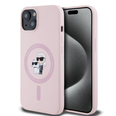 Rausvas dėklas Karl Lagerfeld Liquid Silicone Karl and Choupette MagSafe telefonui Apple iPhone 14 su animaciniu Karl ir Choupette piešiniu