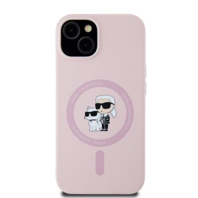 Rausvas dėklas Karl Lagerfeld Liquid Silicone Karl and Choupette MagSafe Apple iPhone 14 telefonui su animuotais Karl Lagerfeld ir Choupette paveikslais