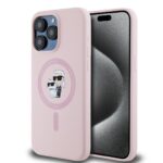 Rausvas dėklas Karl Lagerfeld Liquid Silicone Karl and Choupette MagSafe Apple iPhone 14 Pro Max telefonui