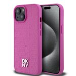 Rožinis dėklas telefonui Apple Iphone 15 su DKNY PU odos raštu ir Magsafe funkcija