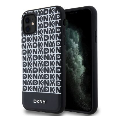 Juodas dėklas telefonui Apple Iphone 11 DKNY PU Leather su baltu raštu ir apatine juosta