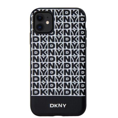 Juodas dėklas telefonui Apple Iphone 11 DKNY PU Leather Repeat Pattern Bottom Stripe su baltu DKNY logotipu