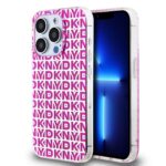 Rožinis dėklas telefonui Apple Iphone 15 Pro Max su DKNY rašto raudonomis raidėmis