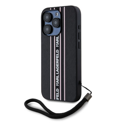 Rausvas dėklas Karl Lagerfeld PU Saffiano Athleisure Stripe Apple iPhone 15 Pro Max su dirželiu