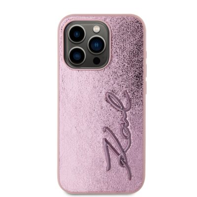 Rožinis dėklas Karl Lagerfeld Wrinkled PU Signature Logo telefonui iPhone 15 Pro su raštu ir tekstūra