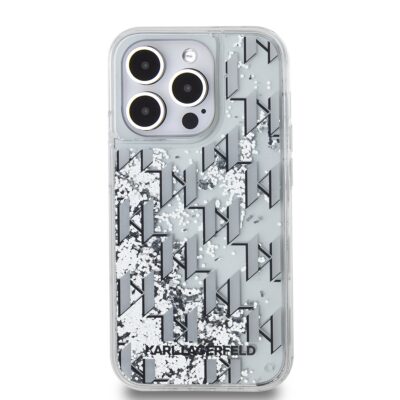 Baltas dėklas Karl Lagerfeld Liquid Glitter Monogram Gradient telefonui Apple iPhone 14 Pro Max su blizgančiomis dalelėmis ir monogramų raštu