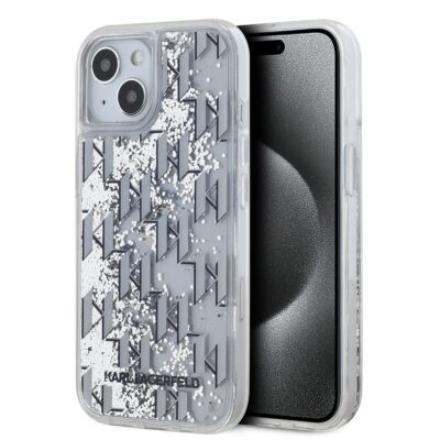 Baltas dėklas Karl Lagerfeld Liquid Glitter Monogram Gradient telefonui Apple iPhone 15 su sidabro spalvos blizgučiais