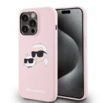 Rausvas dėklas Karl Lagerfeld Liquid Silicone Double Heads MagSafe telefonui Apple iPhone 14 Pro Max su paveikslėliu ir logotipu