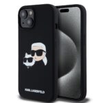Juodas dėklas Karl Lagerfeld Liquid Silicone Double Heads MagSafe telefonui Apple iPhone 15 su pagrindiniu piešiniu ir matiniu paviršiumi