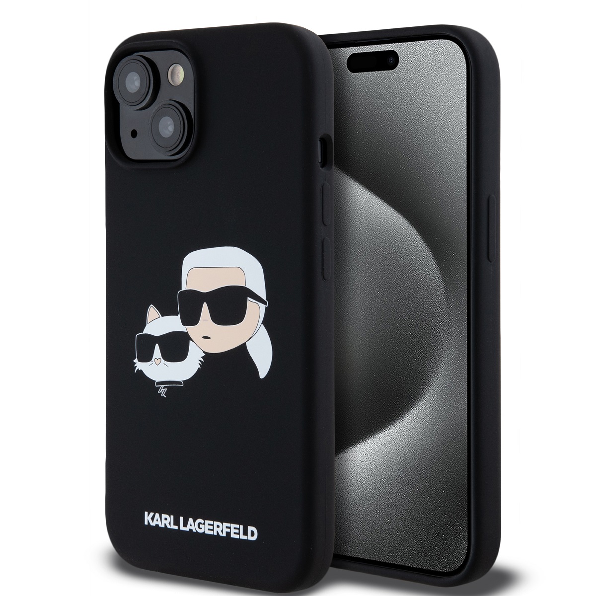 Juodas dėklas Karl Lagerfeld Liquid Silicone Double Heads MagSafe iPhone 15 Juodas dėklas Karl Lagerfeld Liquid Silicone Double Heads MagSafe telefonui Apple iPhone 15 su pagrindiniu piešiniu ir matiniu paviršiumi