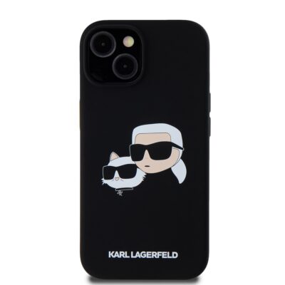 Juodas dėklas Karl Lagerfeld Liquid Silicone Double Heads MagSafe telefonui Apple iPhone 15 su dviem galvomis ir užrašu