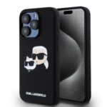 Juodas dėklas Karl Lagerfeld Liquid Silicone Double Heads MagSafe telefonui Apple iPhone 15 Pro su animaciniu piešiniu