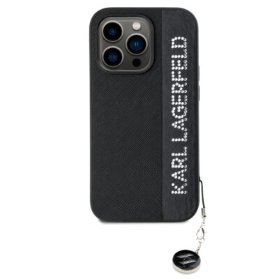 Juodas dėklas Karl Lagerfeld PU Saffiano Rhinestone Charm telefonui Apple iPhone 14 Pro su blizgiais akmenukais