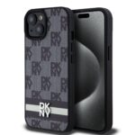 Juodas dėklas telefonui Apple Iphone 15 su DKNY PU odos languotu raštu ir juosta