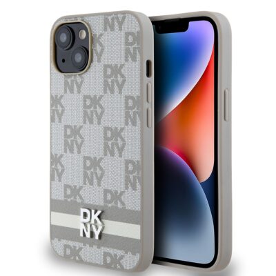 Beige dėklas telefonui Apple Iphone 15 DKNY PU Leather Checkered Pattern and Stripe raštu
