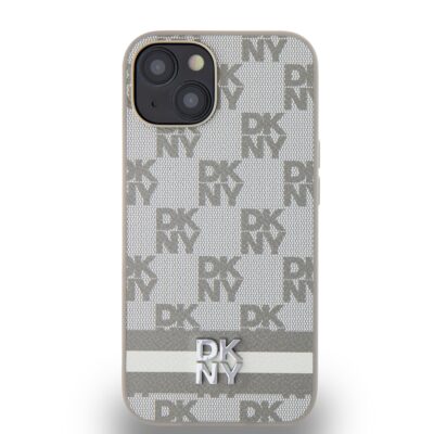 Beige dėklas telefonui Apple Iphone 15 DKNY PU Leather Checkered Pattern and Stripe su languota tekstūra ir metaliniu logotipu